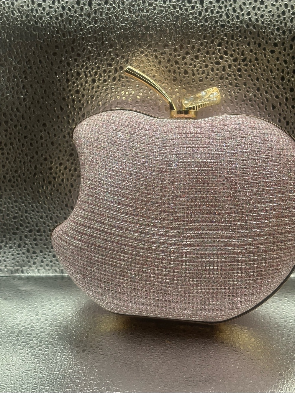 Apple Shaped Crystal Evening Clutch Purse Pink Rhinestone Minaudiere Gold Chain